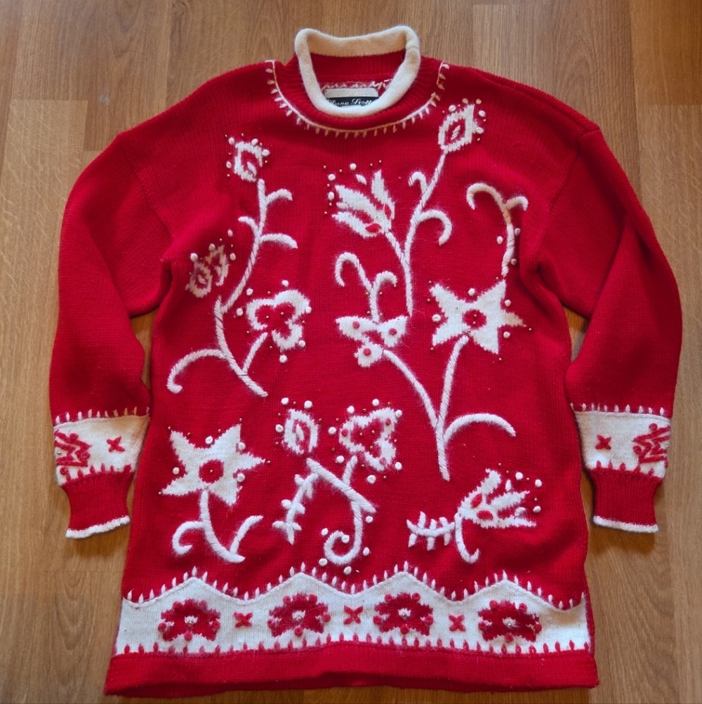 Donna Scott Red Floral Women's Sweater Size Large